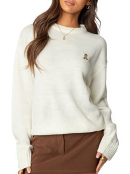Edikted Sweaters - Edikted Ivory Crewneck Sweater with Small Embroidered Logo